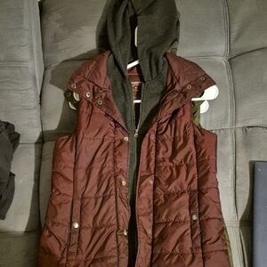 Burgundy Puffer Vest with Hood
